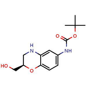 Chemical structure of tert-butyl N-[(2R)-2-(hydroxymethyl)-3,4-dihydro-2H-1,4-benzoxazin-6-yl]carbamate , CAS 1799541-30-2, AChemBlock U133255