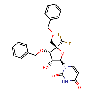 Chemical structure of 1-[(2R,3R,4S,5R)-4-benzyloxy-5-(benzyloxymethyl)-5-(difluoromethyl)-3-hydroxy-tetrahydrofuran-2-yl]pyrimidine-2,4-dione , CAS 1803126-16-0, AChemBlock U133274