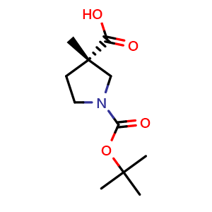 Chemical structure of (3S)-1-tert-butoxycarbonyl-3-methyl-pyrrolidine-3-carboxylic acid , CAS 1821775-99-8, AChemBlock U133301