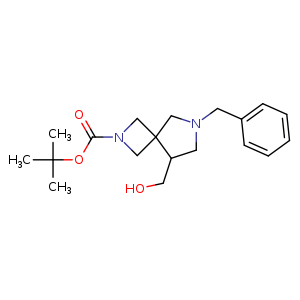 Chemical structure of tert-butyl 7-benzyl-5-(hydroxymethyl)-2,7-diazaspiro[3.4]octane-2-carboxylate , CAS 1823228-59-6, AChemBlock U133307