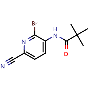 Chemical structure of N-(2-bromo-6-cyano-3-pyridyl)-2,2-dimethyl-propanamide , CAS 1823240-31-8, AChemBlock U133309
