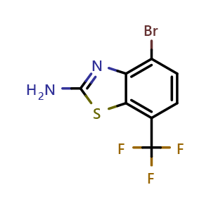 Chemical structure of 4-bromo-7-(trifluoromethyl)-1,3-benzothiazol-2-amine , CAS 1823432-25-2, AChemBlock U133316