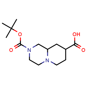 Chemical structure of 2-tert-butoxycarbonyl-1,3,4,6,7,8,9,9a-octahydropyrido[1,2-a]pyrazine-8-carboxylic acid , CAS 1824504-87-1, AChemBlock U133350