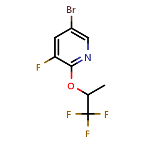Chemical structure of 5-bromo-3-fluoro-2-(2,2,2-trifluoro-1-methyl-ethoxy)pyridine , CAS 1852096-27-5, AChemBlock U133364
