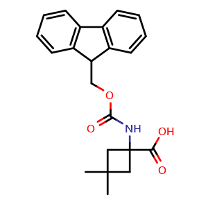 Chemical structure of 1-(9H-fluoren-9-ylmethoxycarbonylamino)-3,3-dimethyl-cyclobutanecarboxylic acid , CAS 1936161-54-4, AChemBlock U133446
