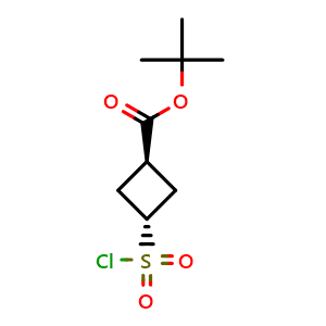 Chemical structure of tert-butyl trans-3-chlorosulfonylcyclobutanecarboxylate , CAS 1989638-22-3, AChemBlock U133472