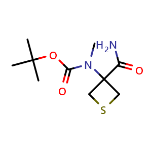 Chemical structure of tert-butyl N-(3-carbamoylthietan-3-yl)-N-methyl-carbamate , CAS 2004295-23-0, AChemBlock U133484