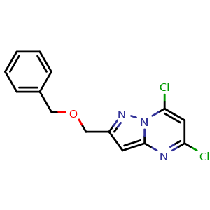 Chemical structure of 2-(benzyloxymethyl)-5,7-dichloro-pyrazolo[1,5-a]pyrimidine , CAS 2019224-07-6, AChemBlock U133492