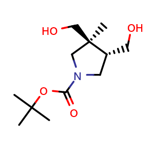 Chemical structure of tert-butyl trans-3,4-bis(hydroxymethyl)-3-methyl-pyrrolidine-1-carboxylate , CAS 2090176-64-8, AChemBlock U133542