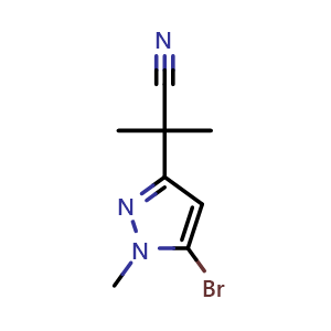 Chemical structure of 2-(5-bromo-1-methyl-pyrazol-3-yl)-2-methyl-propanenitrile , CAS 2090806-80-5, AChemBlock U133548