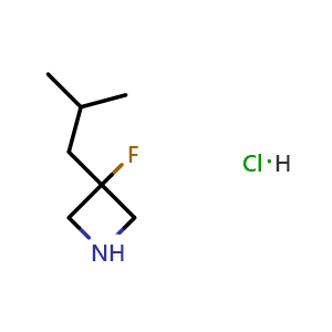 Chemical structure of 3-fluoro-3-isobutyl-azetidine hydrochloride , CAS 2098153-79-6, AChemBlock U133580