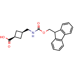 Chemical structure of cis-3-[(9H-fluoren-9-ylmethoxycarbonylamino)methyl]cyclobutanecarboxylic acid , CAS 2101202-54-2, AChemBlock U133583