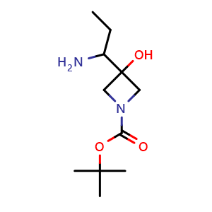 Chemical structure of tert-butyl 3-(1-aminopropyl)-3-hydroxy-azetidine-1-carboxylate , CAS 2171776-41-1, AChemBlock U133690