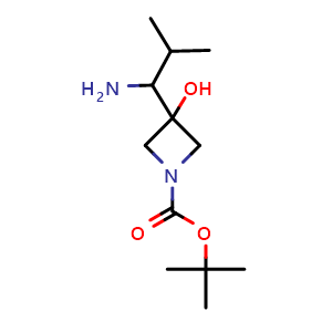 Chemical structure of tert-butyl 3-(1-amino-2-methyl-propyl)-3-hydroxy-azetidine-1-carboxylate , CAS 2172597-06-5, AChemBlock U133694
