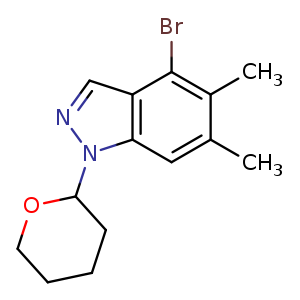 Chemical structure of 4-bromo-5,6-dimethyl-1-tetrahydropyran-2-yl-indazole , CAS 2206742-48-3, AChemBlock U133731