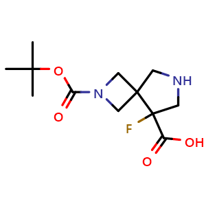 Chemical structure of 2-tert-butoxycarbonyl-5-fluoro-2,7-diazaspiro[3.4]octane-5-carboxylic acid , CAS 2219379-10-7, AChemBlock U133746