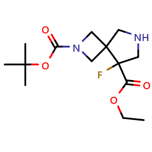 Chemical structure of O2-tert-butyl O5-ethyl 5-fluoro-2,7-diazaspiro[3.4]octane-2,5-dicarboxylate , CAS 2219408-86-1, AChemBlock U133748