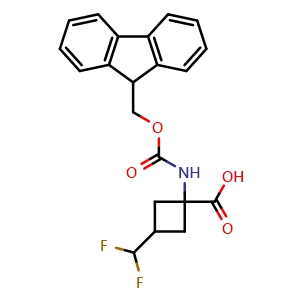 Chemical structure of 3-(difluoromethyl)-1-(9H-fluoren-9-ylmethoxycarbonylamino)cyclobutanecarboxylic acid , CAS 2243504-96-1, AChemBlock U133784