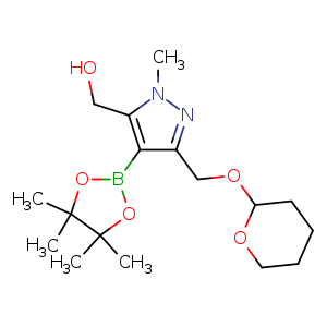 Chemical structure of [2-methyl-5-(tetrahydropyran-2-yloxymethyl)-4-(4,4,5,5-tetramethyl-1,3,2-dioxaborolan-2-yl)pyrazol-3-yl]methanol , CAS 2245716-13-4, AChemBlock U133795