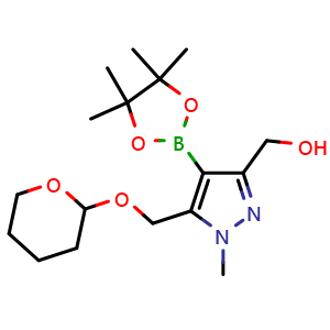 Chemical structure of [1-methyl-5-(tetrahydropyran-2-yloxymethyl)-4-(4,4,5,5-tetramethyl-1,3,2-dioxaborolan-2-yl)pyrazol-3-yl]methanol , CAS 2245716-17-8, AChemBlock U133798