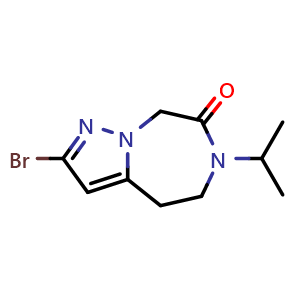 Chemical structure of 2-bromo-6-isopropyl-5,8-dihydro-4H-pyrazolo[1,5-d][1,4]diazepin-7-one , CAS 2246364-72-5, AChemBlock U133806