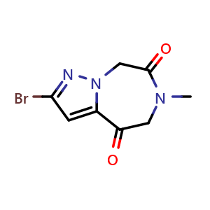 Chemical structure of 2-bromo-6-methyl-5,8-dihydropyrazolo[1,5-d][1,4]diazepine-4,7-dione , CAS 2246371-63-9, AChemBlock U133809