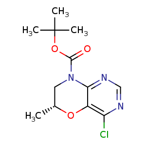 Chemical structure of tert-butyl (6R)-4-chloro-6-methyl-6,7-dihydropyrimido[5,4-b][1,4]oxazine-8-carboxylate , CAS 2253853-02-8, AChemBlock U133821