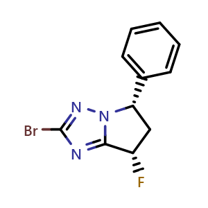 Chemical structure of (5S,7S)-2-bromo-7-fluoro-5-phenyl-6,7-dihydro-5H-pyrrolo[1,2-b][1,2,4]triazole , CAS 2268741-10-0, AChemBlock U133833