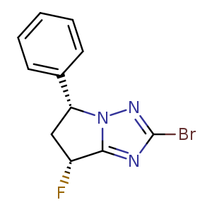 Chemical structure of (5R,7R)-2-bromo-7-fluoro-5-phenyl-6,7-dihydro-5H-pyrrolo[1,2-b][1,2,4]triazole , CAS 2268741-11-1, AChemBlock U133834