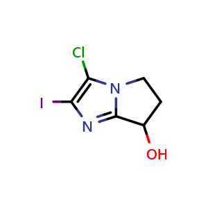 Chemical structure of 3-chloro-2-iodo-6,7-dihydro-5H-pyrrolo[1,2-a]imidazol-7-ol , CAS 2268741-31-5, AChemBlock U133838