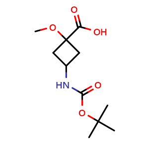 Chemical structure of 3-(tert-butoxycarbonylamino)-1-methoxy-cyclobutanecarboxylic acid , CAS 2286195-46-6, AChemBlock U133862