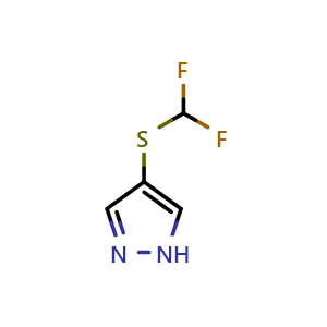 Chemical structure of 4-(difluoromethylsulfanyl)-1H-pyrazole , CAS 2306173-64-6, AChemBlock U133905