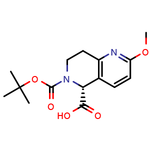 Chemical structure of (5R)-6-tert-butoxycarbonyl-2-methoxy-7,8-dihydro-5H-1,6-naphthyridine-5-carboxylic acid , CAS 2316835-17-1, AChemBlock U133916