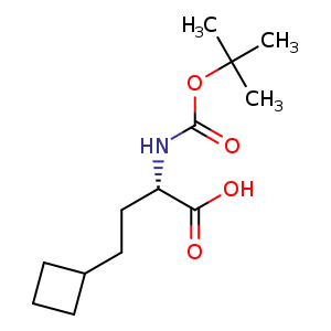 Chemical structure of (2S)-2-(tert-butoxycarbonylamino)-4-cyclobutyl-butanoic acid , CAS 2349835-19-2, AChemBlock U133930