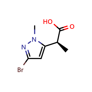 Chemical structure of (2S)-2-(5-bromo-2-methyl-pyrazol-3-yl)propanoic acid , CAS 2350411-15-1, AChemBlock U133933