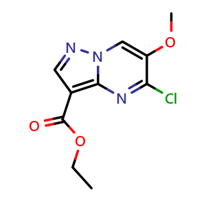 Chemical structure of ethyl 5-chloro-6-methoxy-pyrazolo[1,5-a]pyrimidine-3-carboxylate , CAS 2359663-72-0, AChemBlock U133945