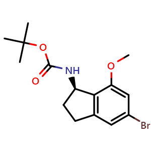 Chemical structure of tert-butyl N-[(1R)-5-bromo-7-methoxy-indan-1-yl]carbamate , CAS 2364561-67-9, AChemBlock U133954