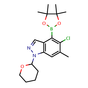 Chemical structure of 5-chloro-6-methyl-1-tetrahydropyran-2-yl-4-(4,4,5,5-tetramethyl-1,3,2-dioxaborolan-2-yl)indazole , CAS 2374152-77-7, AChemBlock U133974