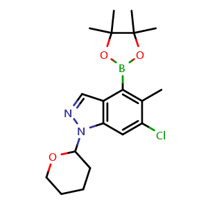 Chemical structure of 6-chloro-5-methyl-1-tetrahydropyran-2-yl-4-(4,4,5,5-tetramethyl-1,3,2-dioxaborolan-2-yl)indazole , CAS 2374152-83-5, AChemBlock U133975
