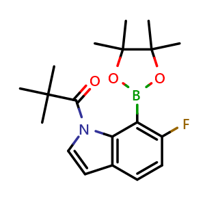 Chemical structure of 1-[6-fluoro-7-(4,4,5,5-tetramethyl-1,3,2-dioxaborolan-2-yl)indol-1-yl]-2,2-dimethyl-propan-1-one , CAS 2376879-99-9, AChemBlock U133986