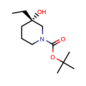 Chemical structure of tert-butyl (3S)-3-ethyl-3-hydroxy-piperidine-1-carboxylate , CAS 2382026-42-6, AChemBlock U133999