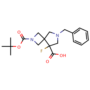 Chemical structure of 7-benzyl-2-tert-butoxycarbonyl-5-fluoro-2,7-diazaspiro[3.4]octane-5-carboxylic acid , CAS 2383836-52-8, AChemBlock U134013