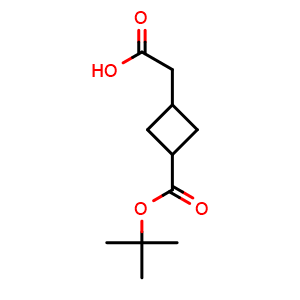 Chemical structure of 2-(3-tert-butoxycarbonylcyclobutyl)acetic acid , CAS 2383946-17-4, AChemBlock U134015