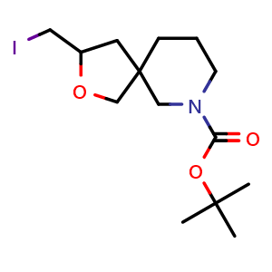 Chemical structure of tert-butyl 3-(iodomethyl)-2-oxa-9-azaspiro[4.5]decane-9-carboxylate , CAS 2384043-10-9, AChemBlock U134017