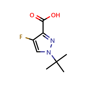 Chemical structure of 1-tert-butyl-4-fluoro-pyrazole-3-carboxylic acid , CAS 2388488-24-0, AChemBlock U134065