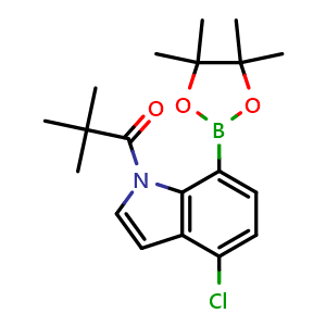 Chemical structure of 1-[4-chloro-7-(4,4,5,5-tetramethyl-1,3,2-dioxaborolan-2-yl)indol-1-yl]-2,2-dimethyl-propan-1-one , CAS 2390149-19-4, AChemBlock U134071