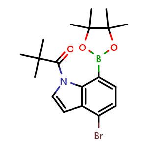 Chemical structure of 1-[4-bromo-7-(4,4,5,5-tetramethyl-1,3,2-dioxaborolan-2-yl)indol-1-yl]-2,2-dimethyl-propan-1-one , CAS 2390149-21-8, AChemBlock U134072