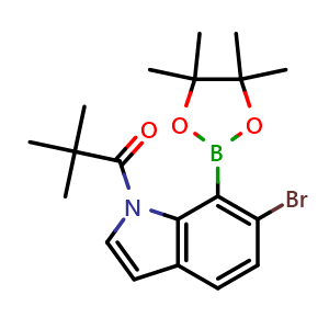 Chemical structure of 1-[6-bromo-7-(4,4,5,5-tetramethyl-1,3,2-dioxaborolan-2-yl)indol-1-yl]-2,2-dimethyl-propan-1-one , CAS 2390149-23-0, AChemBlock U134073