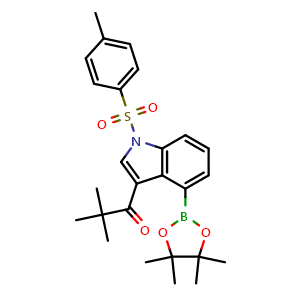 Chemical structure of 2,2-dimethyl-1-[1-(p-tolylsulfonyl)-4-(4,4,5,5-tetramethyl-1,3,2-dioxaborolan-2-yl)indol-3-yl]propan-1-one , CAS 2390149-29-6, AChemBlock U134075