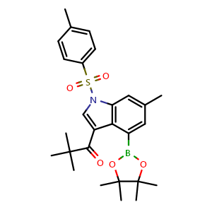 Chemical structure of 2,2-dimethyl-1-[6-methyl-1-(p-tolylsulfonyl)-4-(4,4,5,5-tetramethyl-1,3,2-dioxaborolan-2-yl)indol-3-yl]propan-1-one , CAS 2390149-35-4, AChemBlock U134077